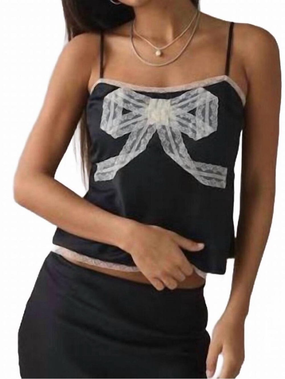 LoveShackFancy - Black Satin Bow Applique Cami Top